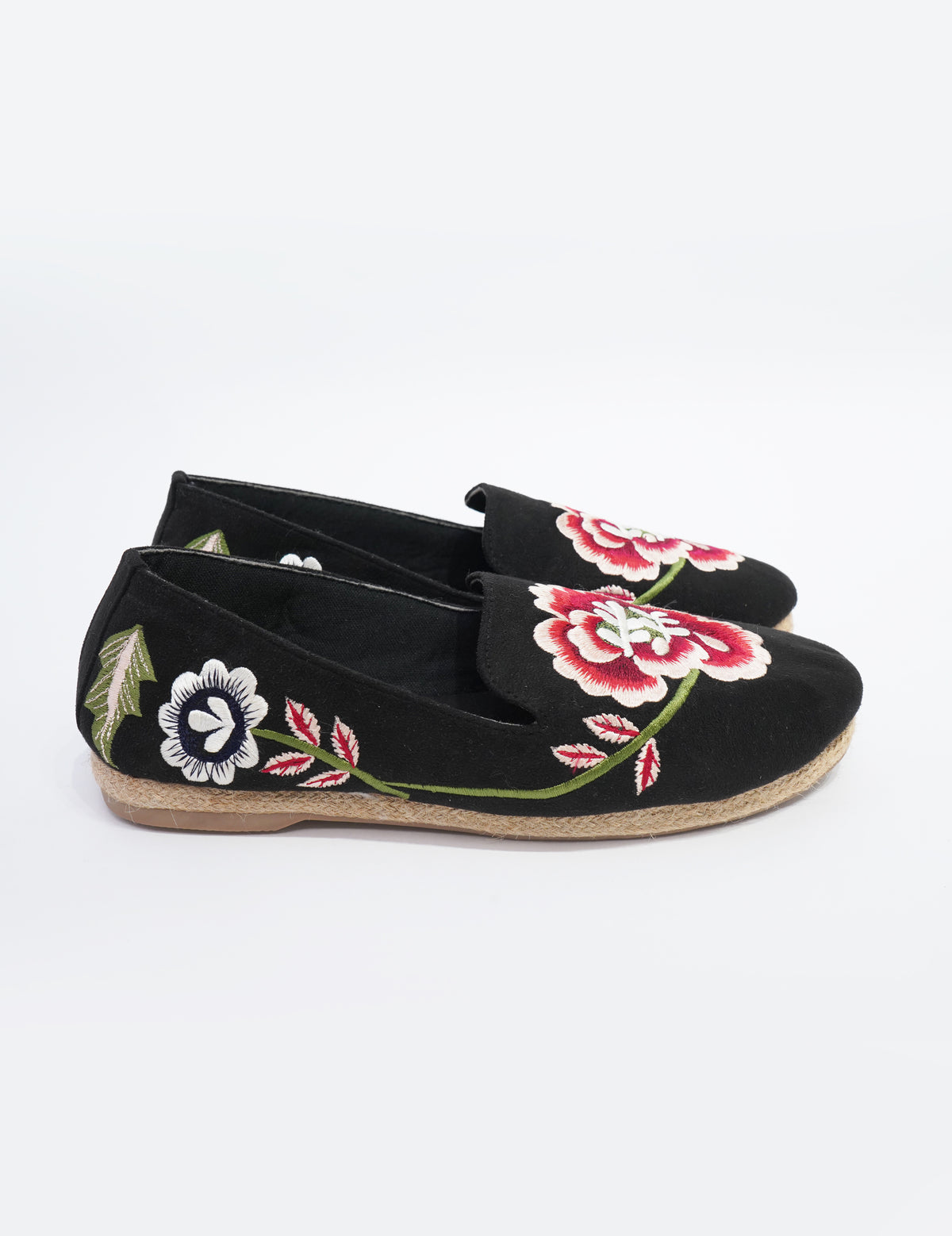 Floral Embroidered Espadrille Loafers – Black